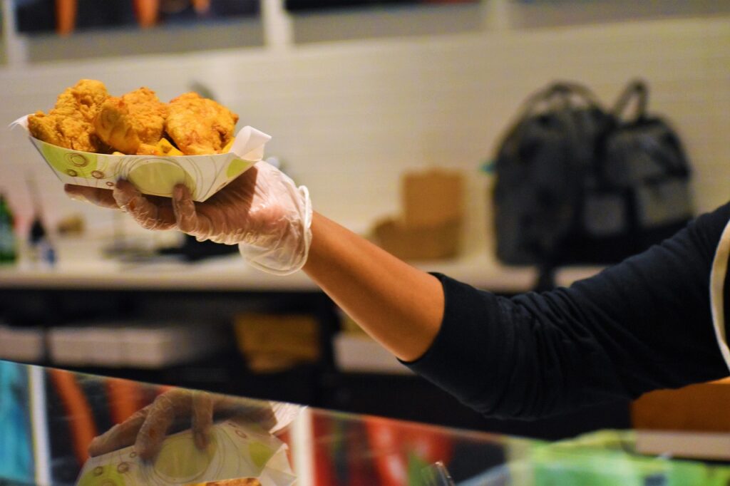 chicken, fried, glove, waitress, food, restaurant, processed foods, service, hand, plastic gloves, baked food, african american woman, black girl, black women, one lady, serving, broth, nuggets, meal, fast food resturant, waitress 2021-2022, employment, dinner, dining, lunch, waitress, waitress, waitress, waitress, waitress